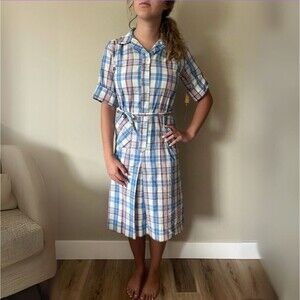 BNWT 1960s Deadstock Vintage Blue Plaid Shirt Dress by Nancy Frock sz 8